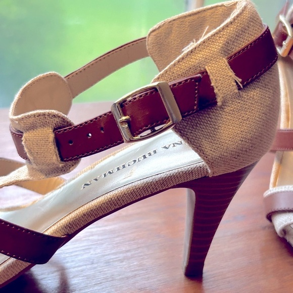 Linen + Leather Heels Tan Women’s Size 8 M NEW Without Box 2.5” Heel Gold Buckle - Picture 7 of 9